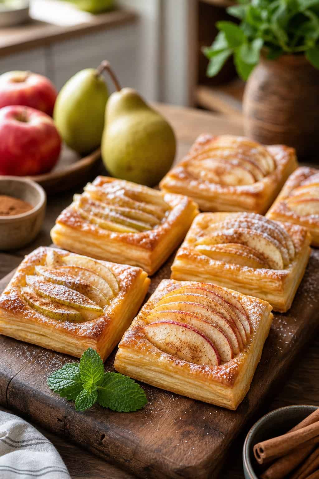 A wooden board with golden puff pastry squares topped with apple and pear slices, surrounded by apples, pears, cinnamon sticks, and a mint garnish.