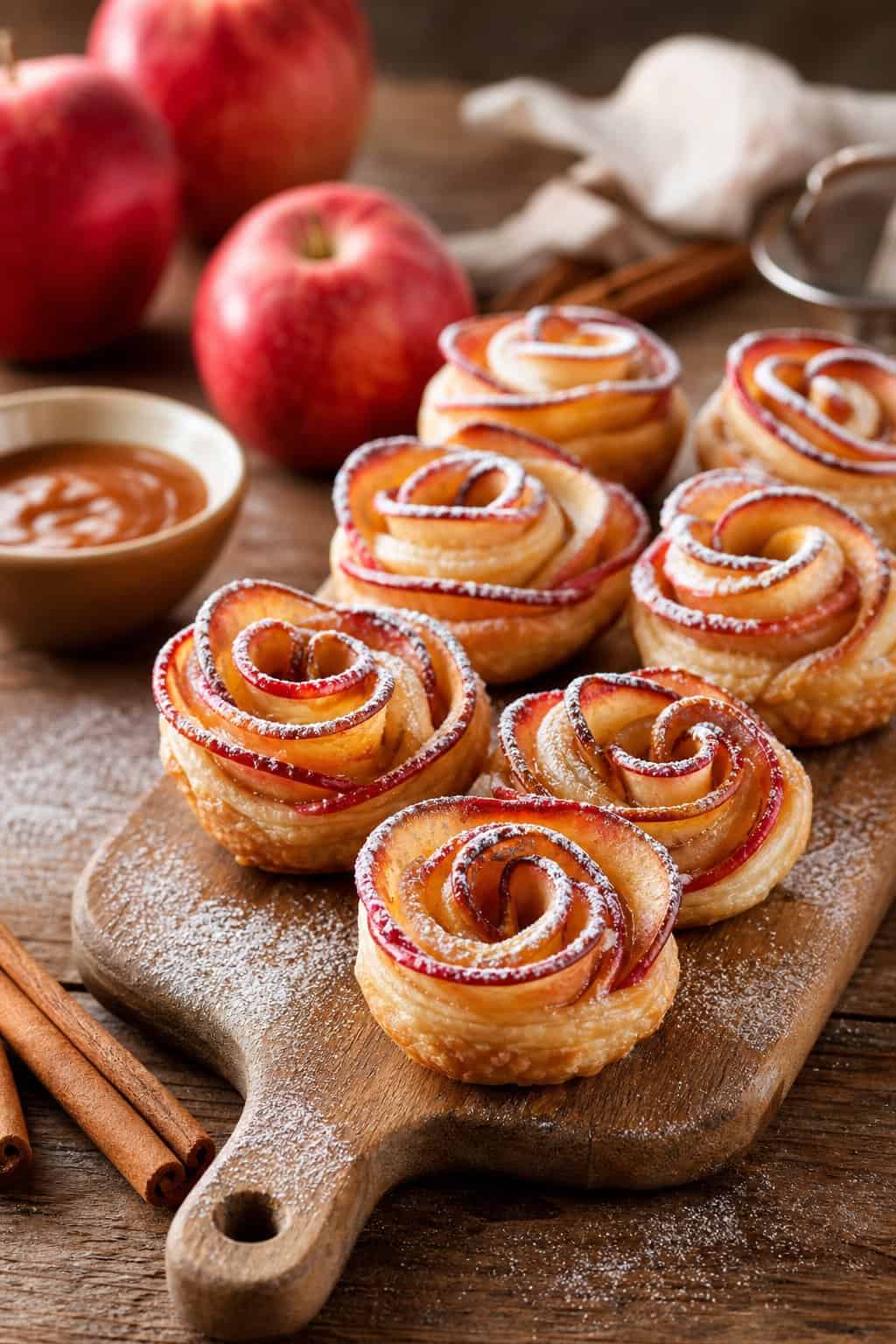 A close-up of apple roses made from puff pastry on a wooden board with apples and cinnamon sticks around them.