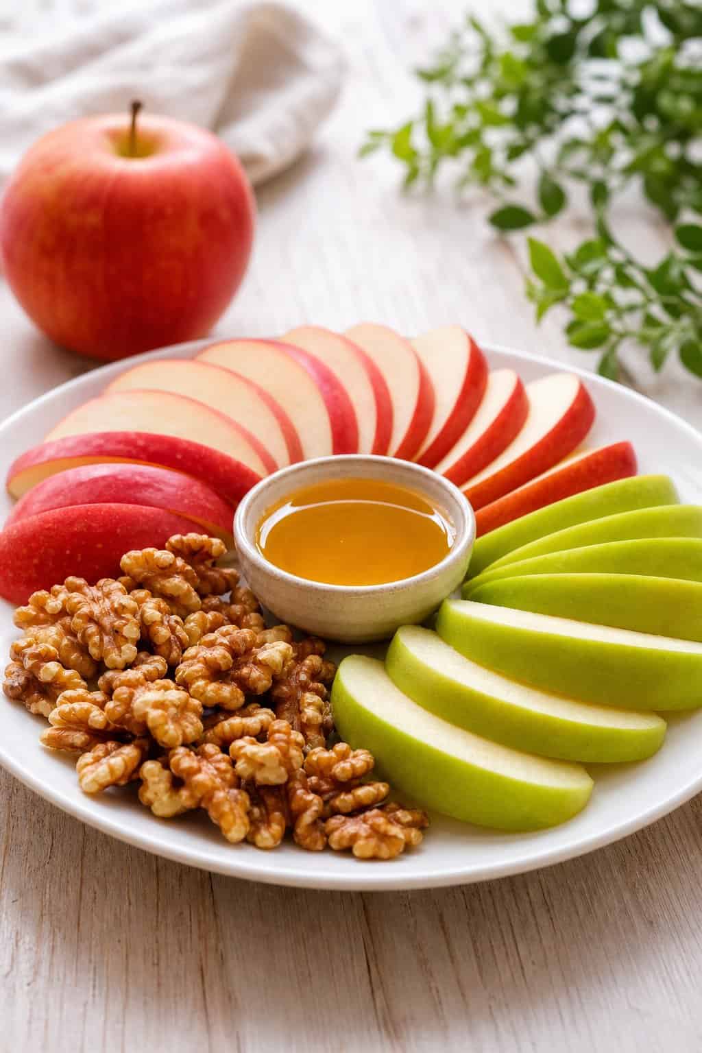 A plate with apple slices, a bowl of honey, and walnuts on a wooden table.