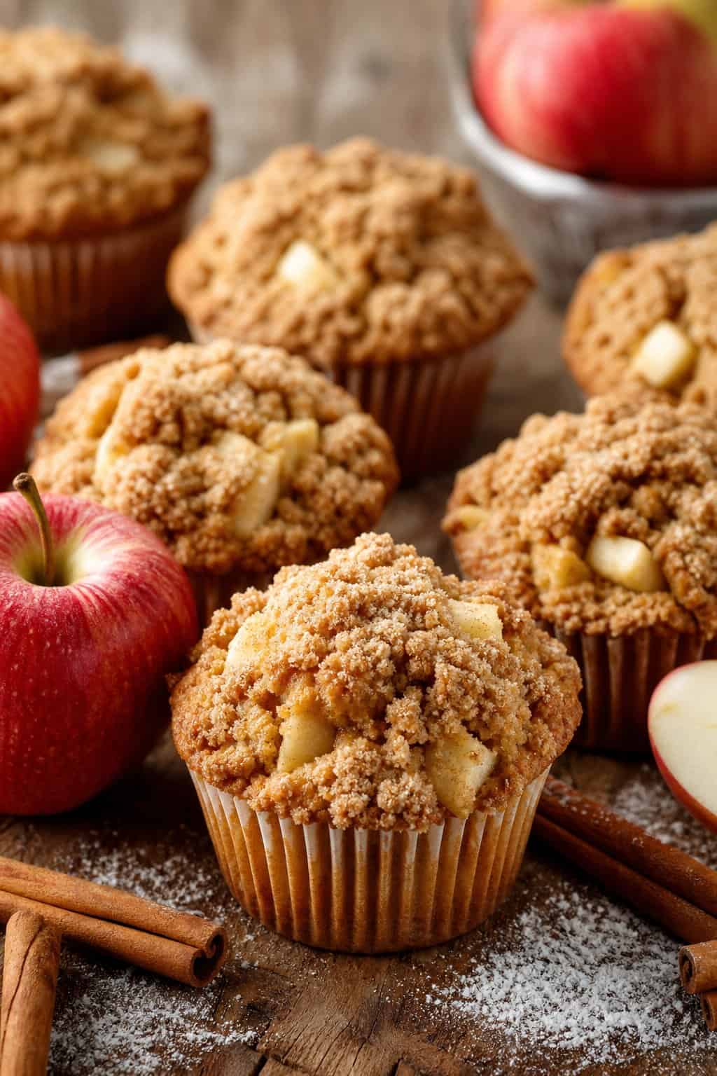 A plate of freshly baked apple streusel muffins with a crumbly topping, surrounded by apples and cinnamon sticks on a wooden table.