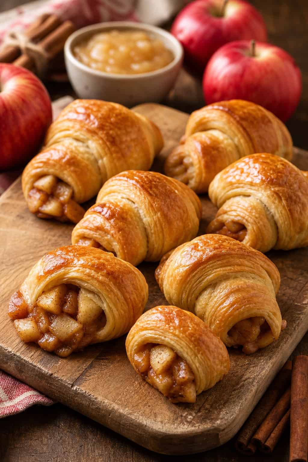 A plate of golden brown crescent rolls filled with apple filling, with apples and cinnamon sticks nearby.
