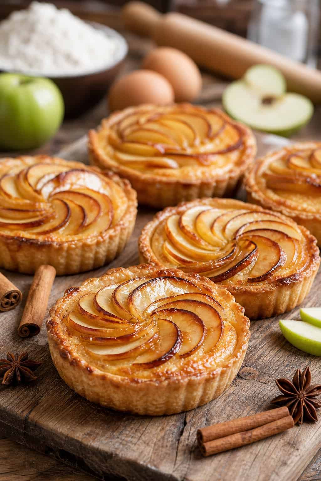Several apple tartlets with frangipane arranged on a wooden board with cinnamon sticks and apple slices nearby.