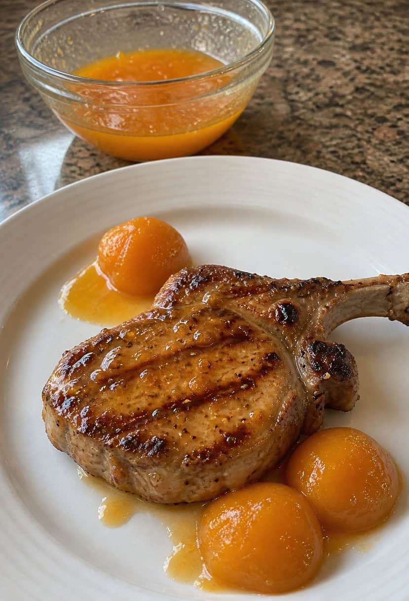 A sizzling pork chop being brushed with apricot glaze on a hot grill