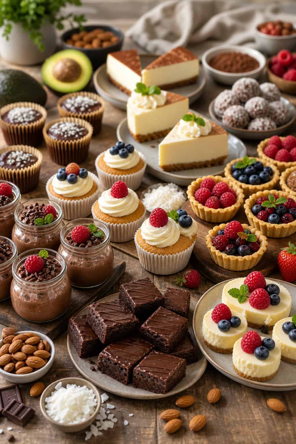 An assortment of keto desserts including fudgy brownies, chocolate mousse, frosted cupcakes, cheesecake slices, and berry tarts arranged on a rustic wooden table with fresh berries and scattered baking ingredients.