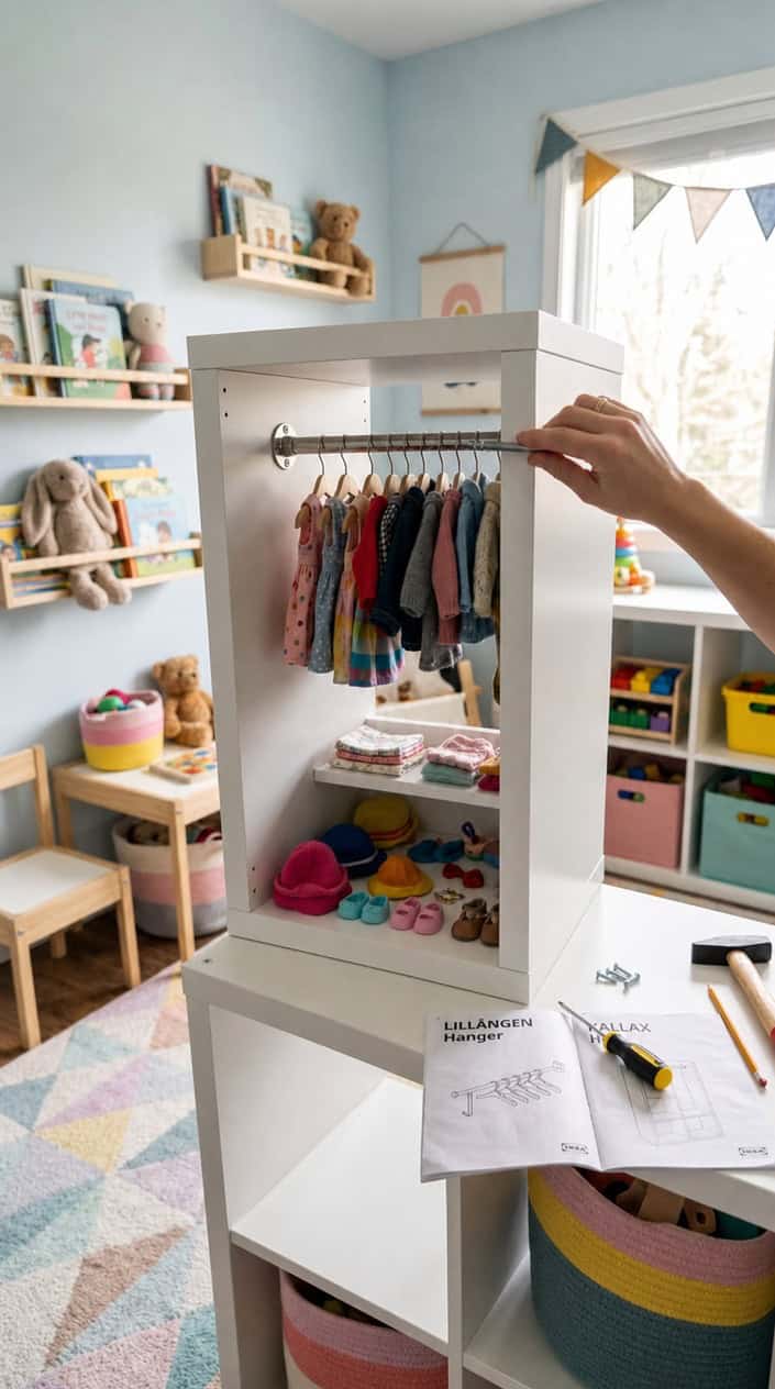 A children's room showing a partially assembled Kallax wardrobe with a rod and hooks holding dolls' clothes inside.