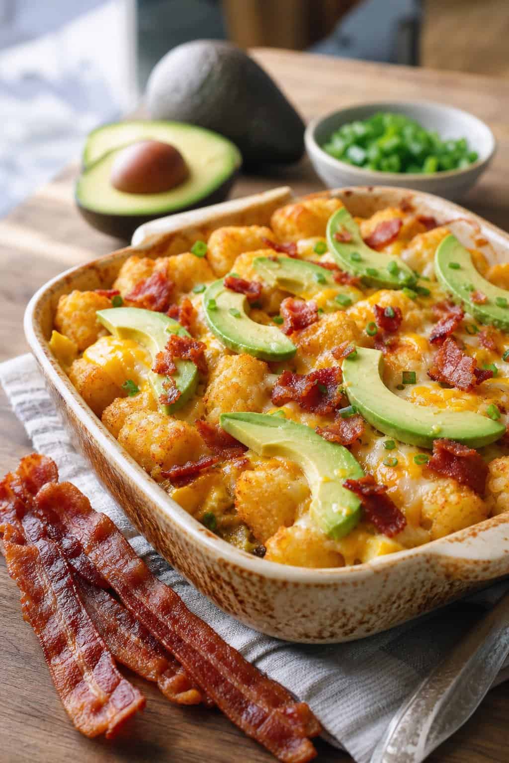 A baked brunch casserole with tater tots, avocado slices, and crispy bacon in a ceramic dish on a wooden table.