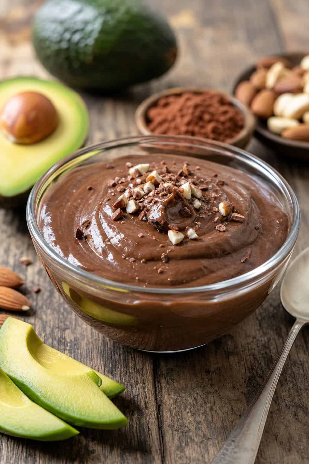 A wide glass bowl of deep brown avocado chocolate pudding with a glossy surface, set on a wooden board with two halved avocados showing the green flesh just beside it.