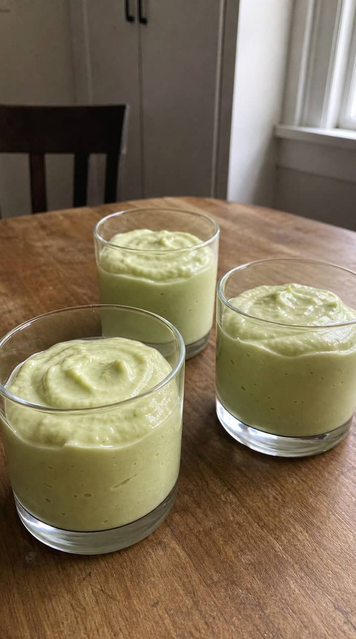 Clear glass cups filled with pale green avocado lime mousse topped with lime zest and mint leaves on a wooden table outdoors during sunset.