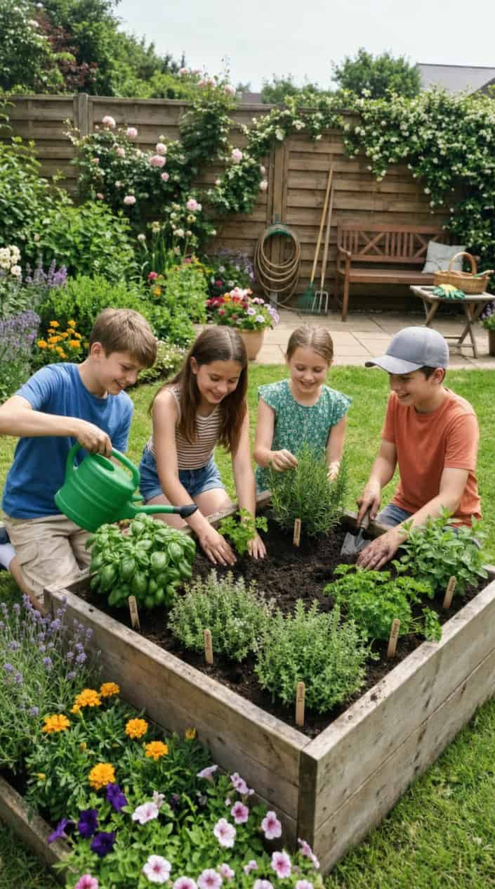 18 Kid-Friendly Outdoor Summer Activities for Tweens and Older Kids 16 A child pressing dark soil around a small basil plant in a terracotta pot on a wooden porch rail, a row of labeled herb pots lined up behind them in afternoon sunlight.