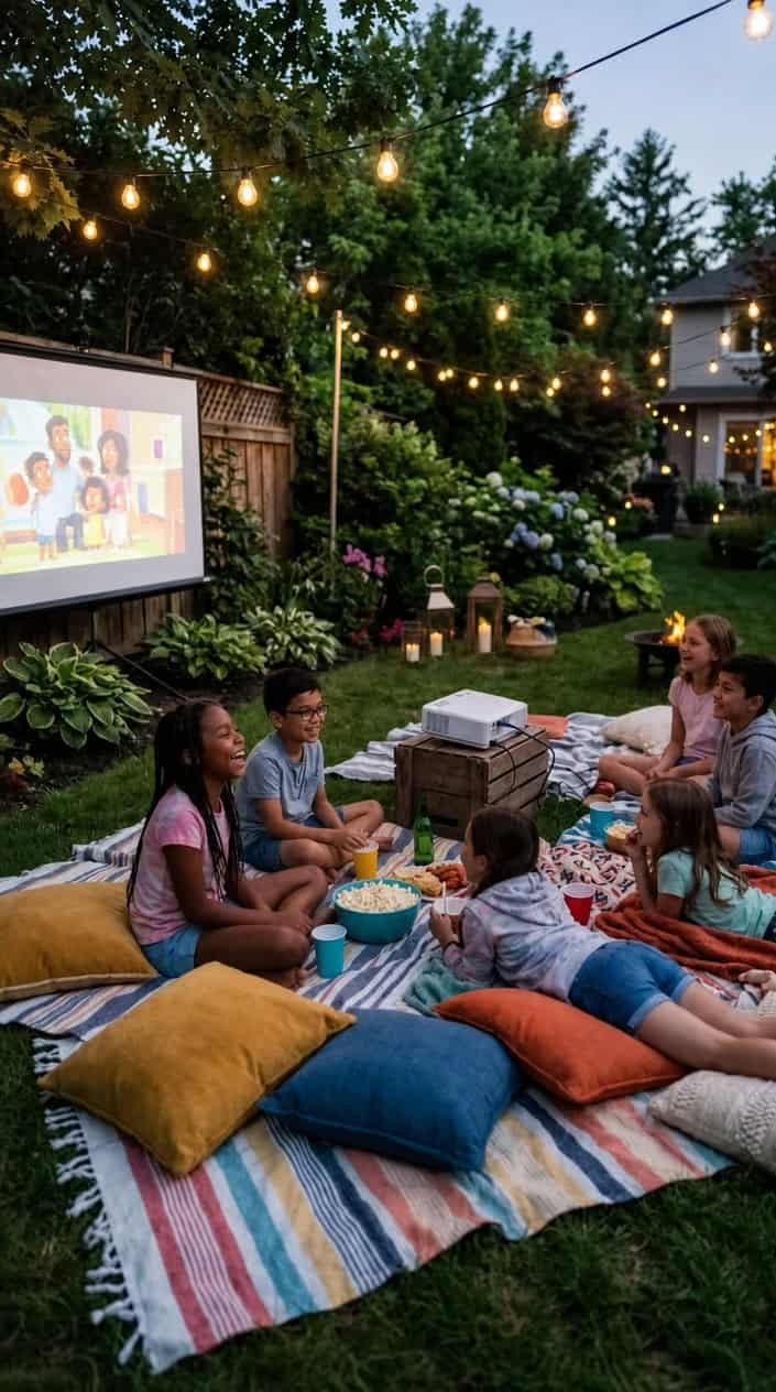 Children sitting on blankets in a backyard watching a movie projected on a screen with string lights overhead.