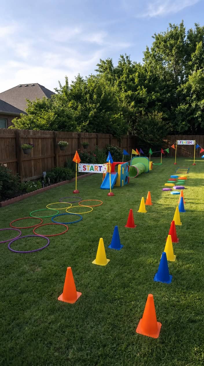 Backyard with cones and hula hoops arranged as an obstacle course on green grass.