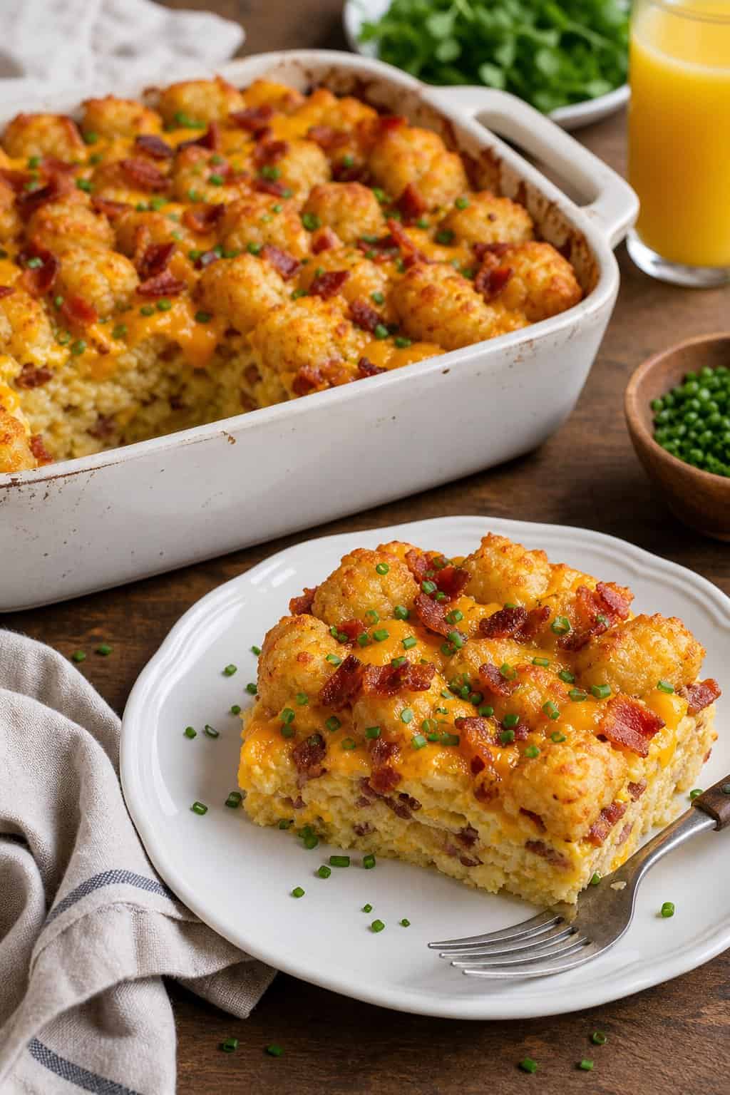 A golden brown tater tot breakfast casserole with bacon, cheddar, and chives served on a white plate next to a baking dish on a kitchen table.