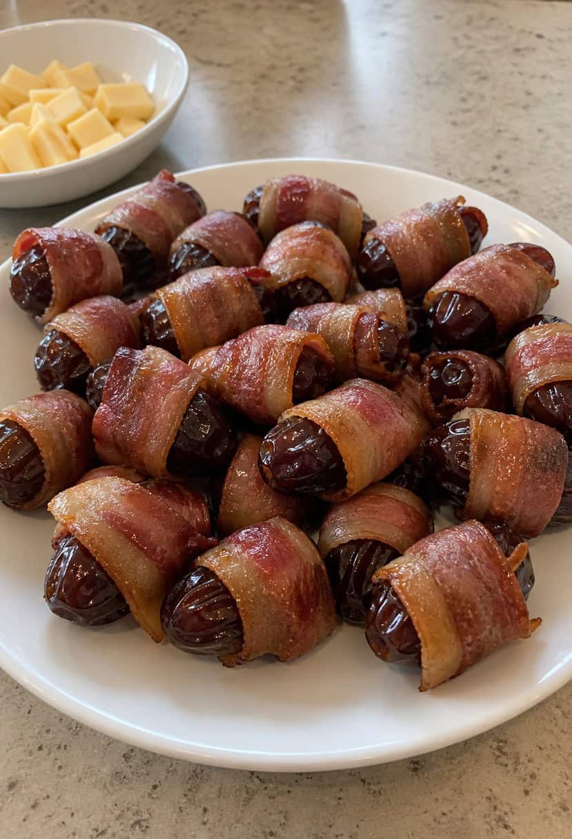 A platter of bacon-wrapped dates surrounded by other appetizers on a wooden serving board