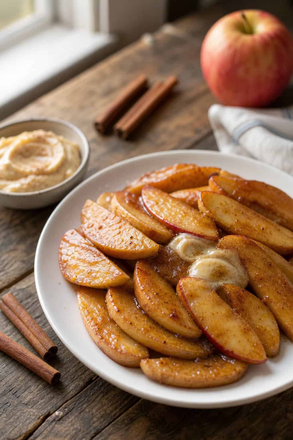 Plate of baked apple slices with cinnamon butter on a wooden table, surrounded by cinnamon sticks and a small bowl of butter.