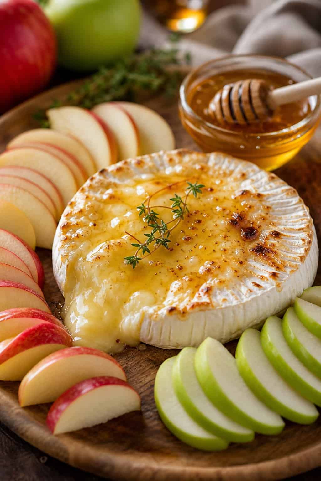 A round baked brie cheese drizzled with honey on a wooden board, surrounded by sliced red and green apples and a small bowl of honey with a dipper.