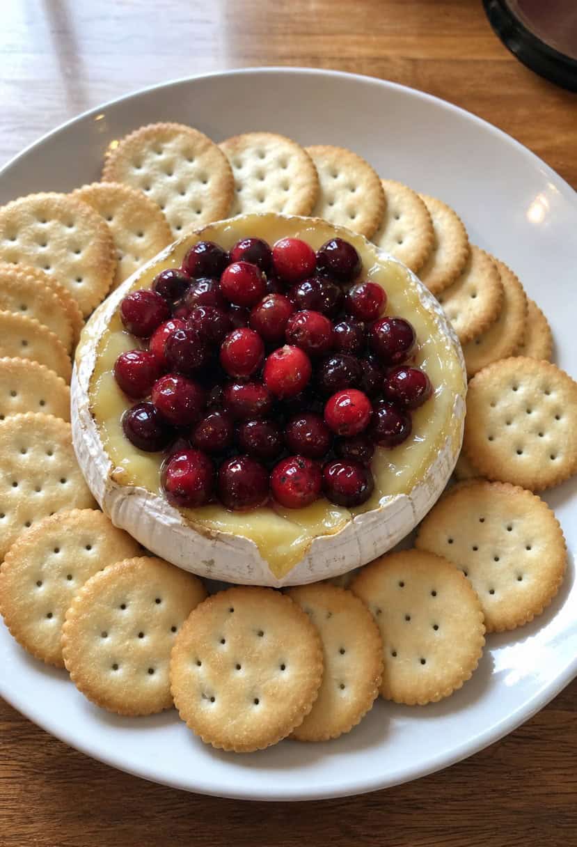 A round of baked brie topped with cranberries and served on a wooden cutting board surrounded by assorted crackers and fresh rosemary sprigs