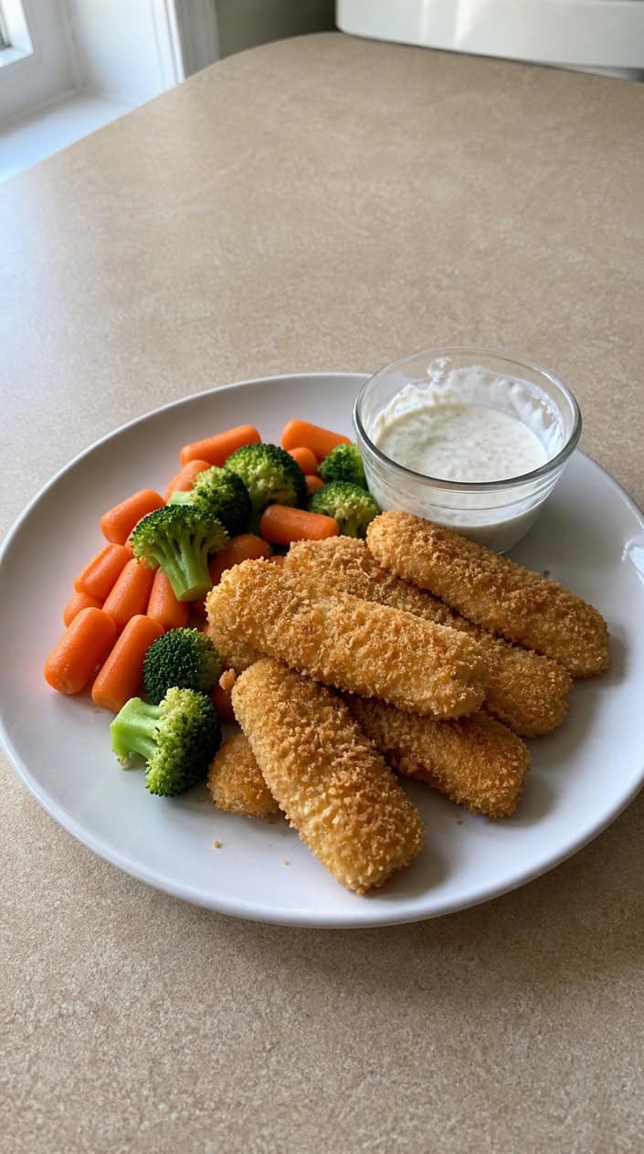 A plate of baked fish sticks with panko crumbs served with dipping sauce, lemon wedges, and steamed vegetables on a kitchen table.