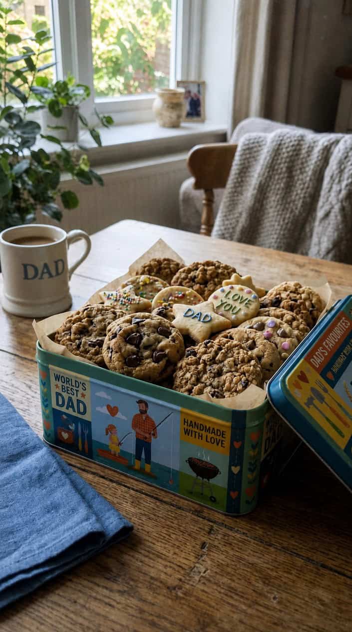An open decorated tin filled with a variety of freshly baked cookies.
