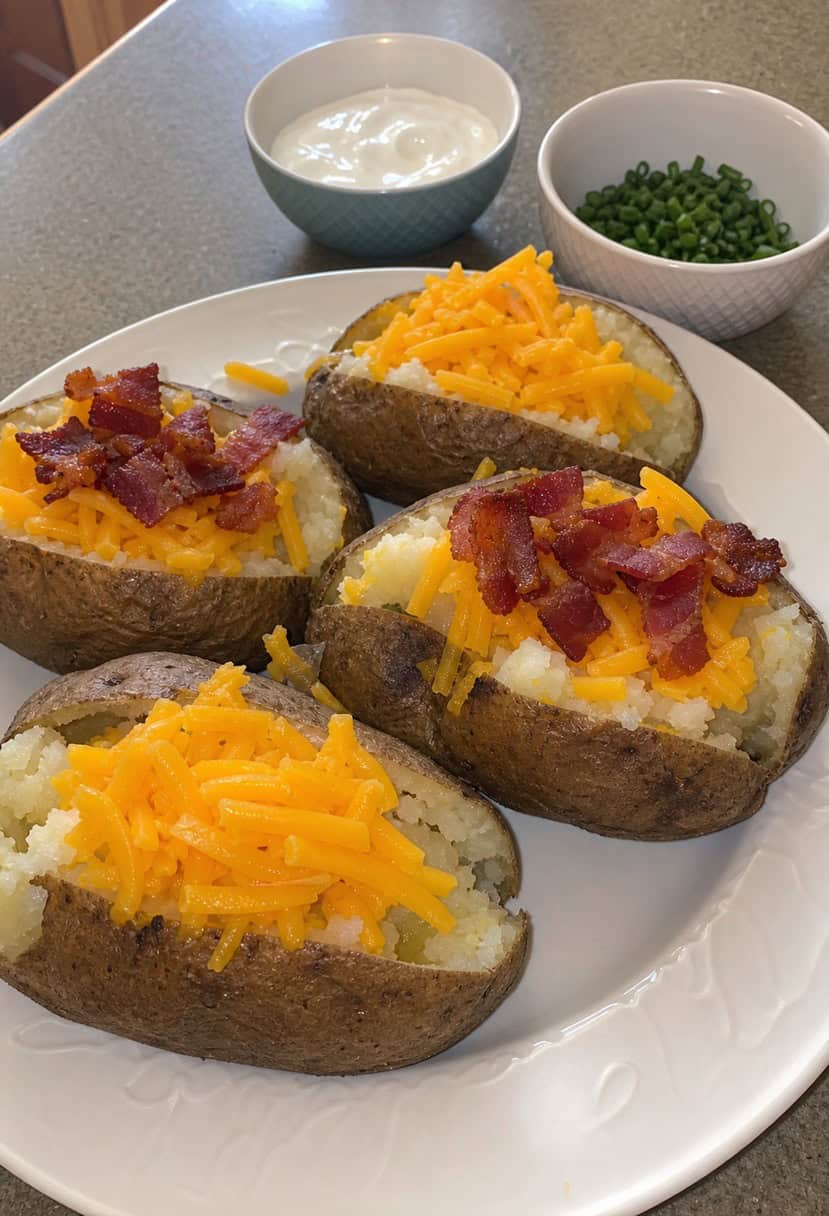 A table set with baked potatoes and an array of toppings, including cheese, bacon, sour cream, and chives