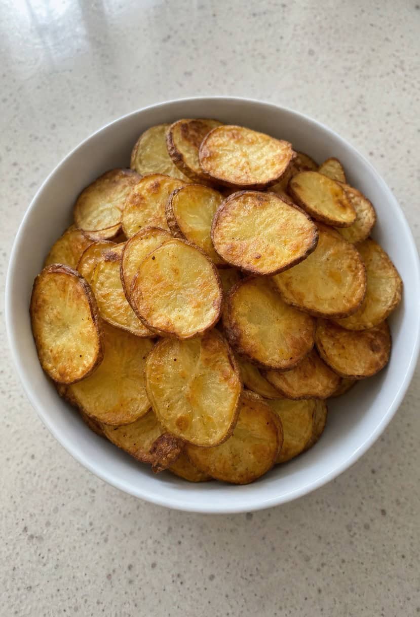 A pile of crispy baked potato chips surrounded by various ingredients and utensils for making potato recipes