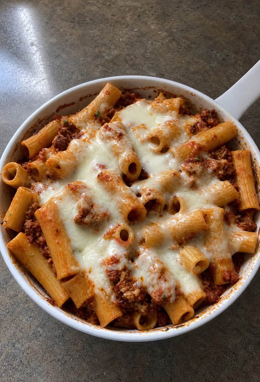 A steaming dish of baked ziti sits on a rustic wooden table, surrounded by fresh herbs and a scattering of grated cheese