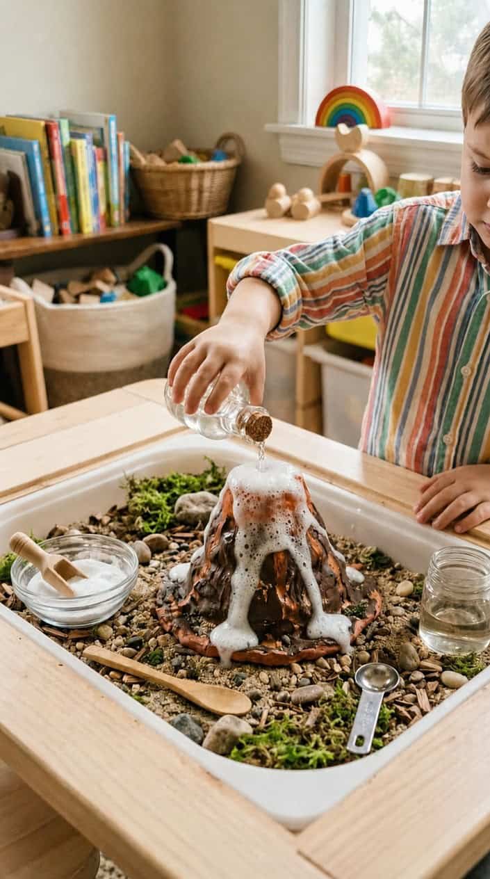 A child's hand pouring vinegar into a small volcano model in a sensory bin filled with sand and moss, causing a foamy eruption.
