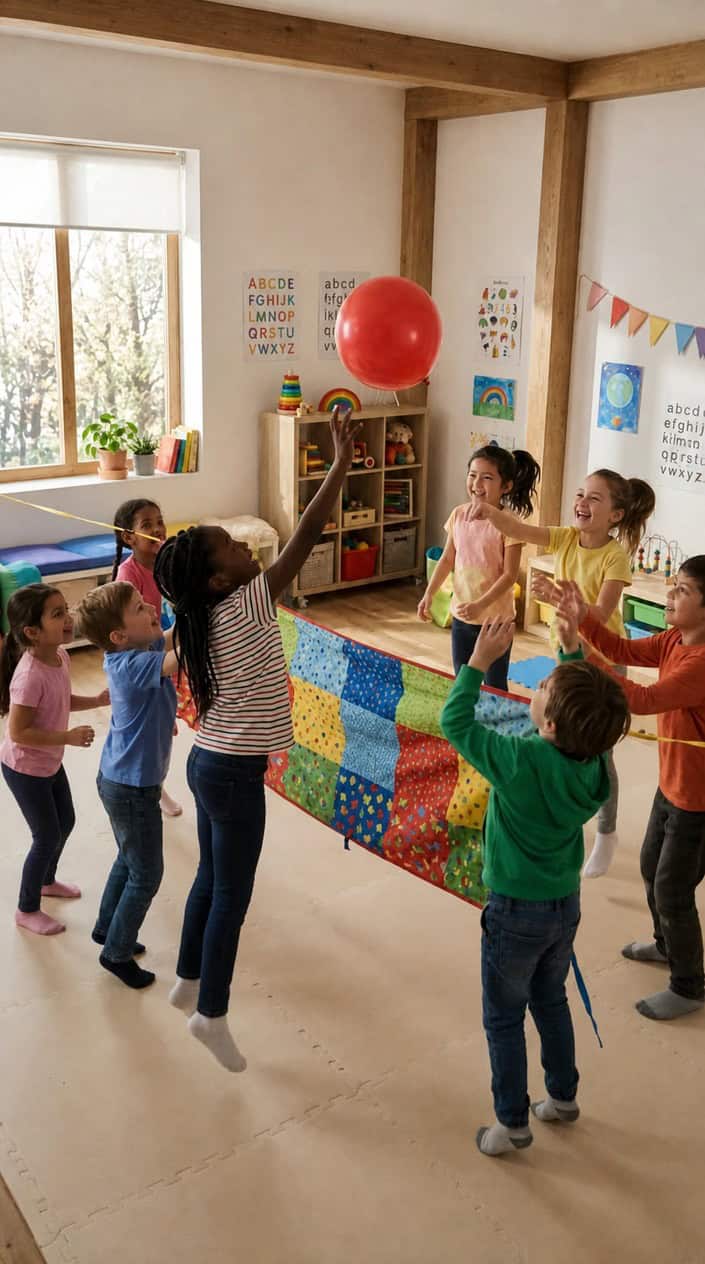 Children playing balloon volleyball over a stretched sheet indoors, actively hitting a balloon and having fun.