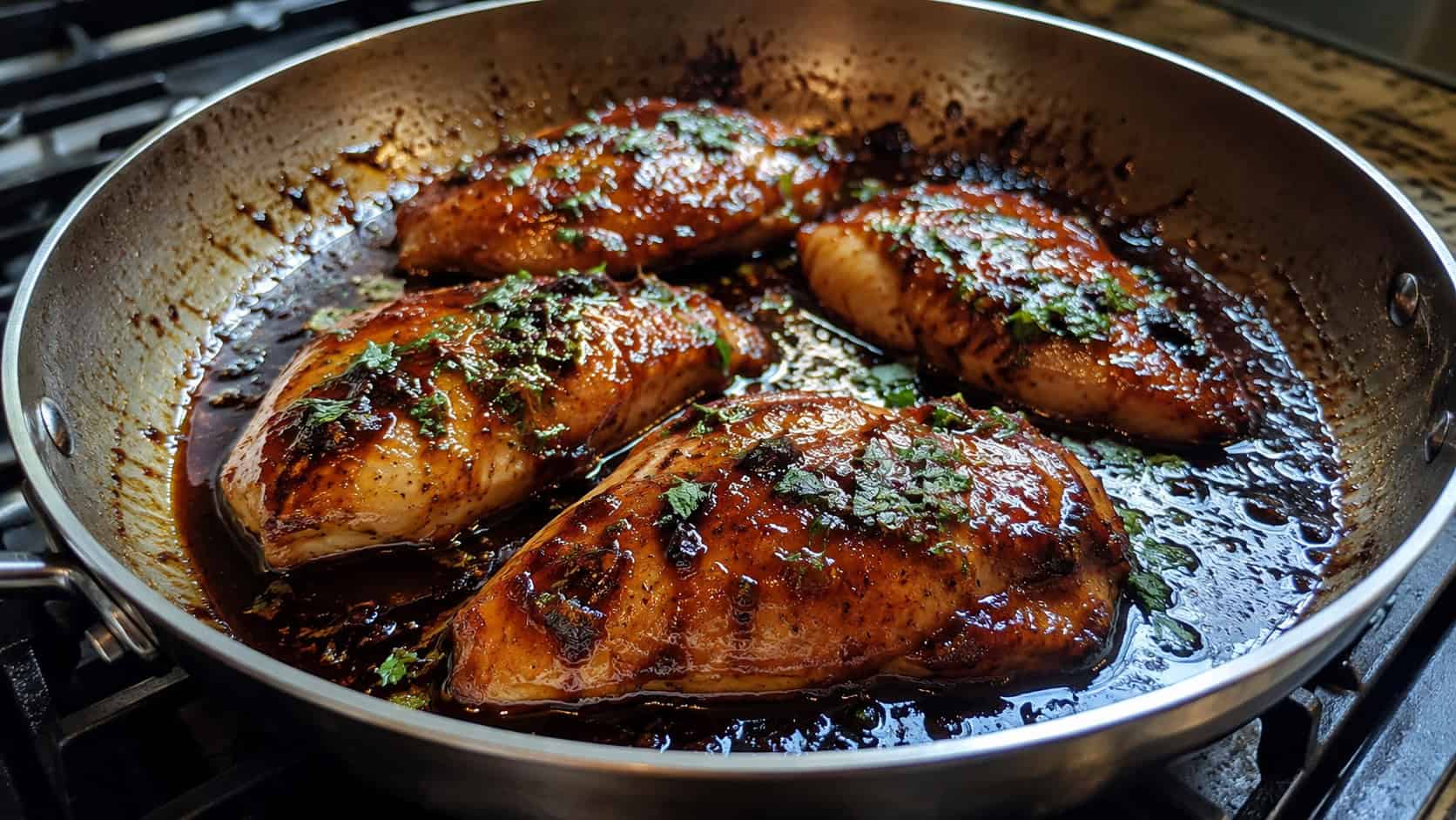 finished balsamic glazed chicken breasts in a skillet, glossy dark reduction sauce pooled around them, fresh chopped parsley on top, on a stovetop in warm natural light, casual home cooking