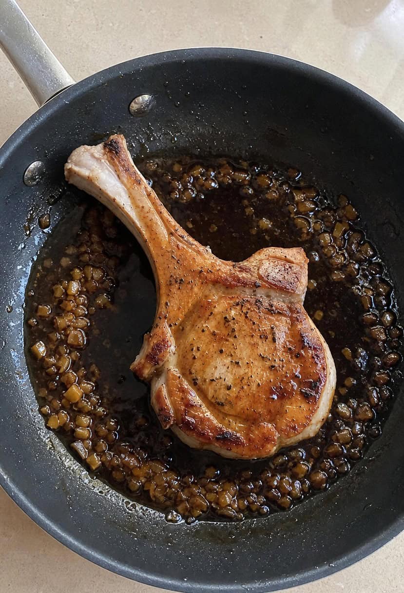 A sizzling pork chop cooking in a pan with balsamic and rosemary, surrounded by fresh herbs and ingredients