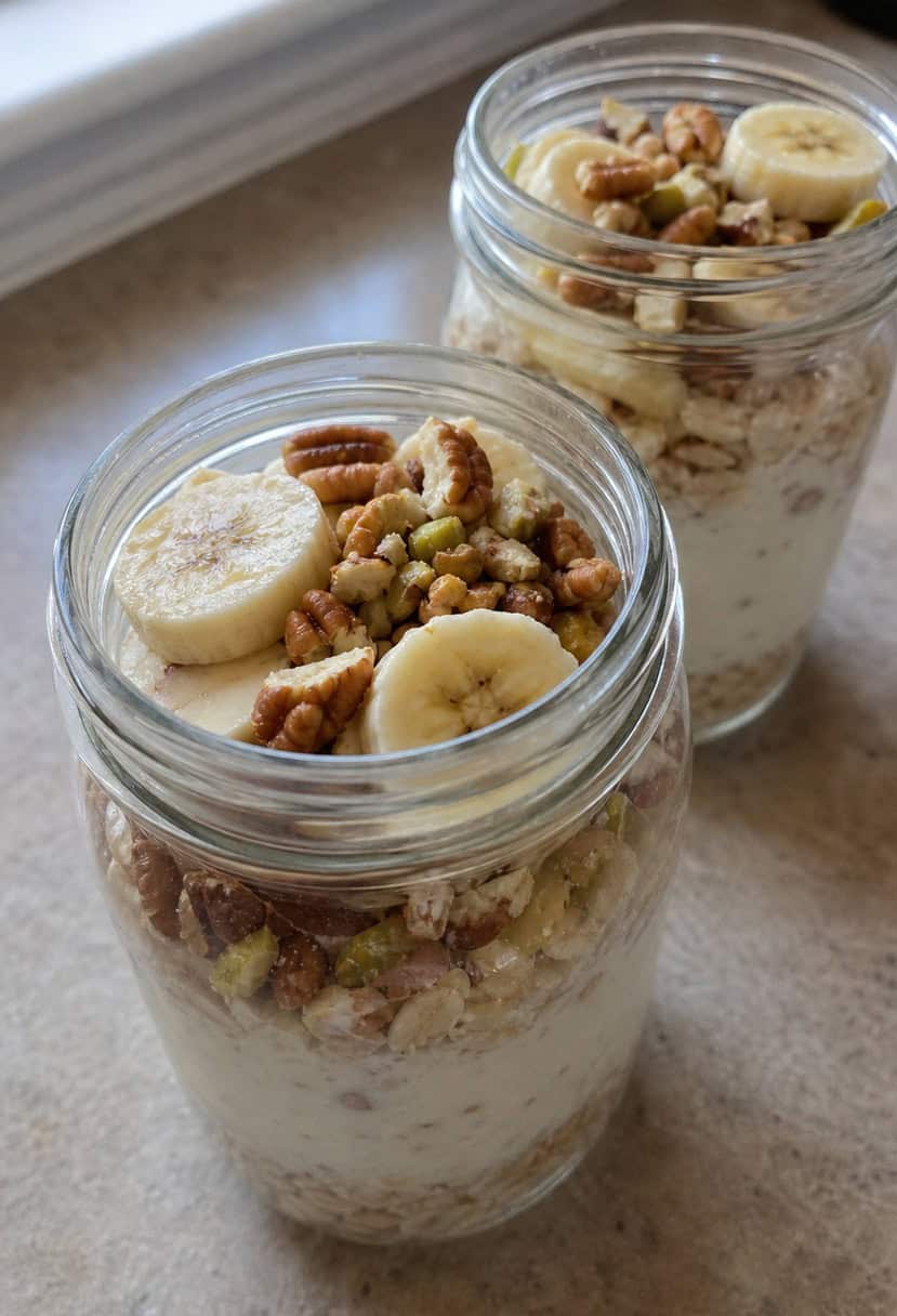 A glass jar filled with layers of oats, banana slices, and nuts, with a spoon resting on the side