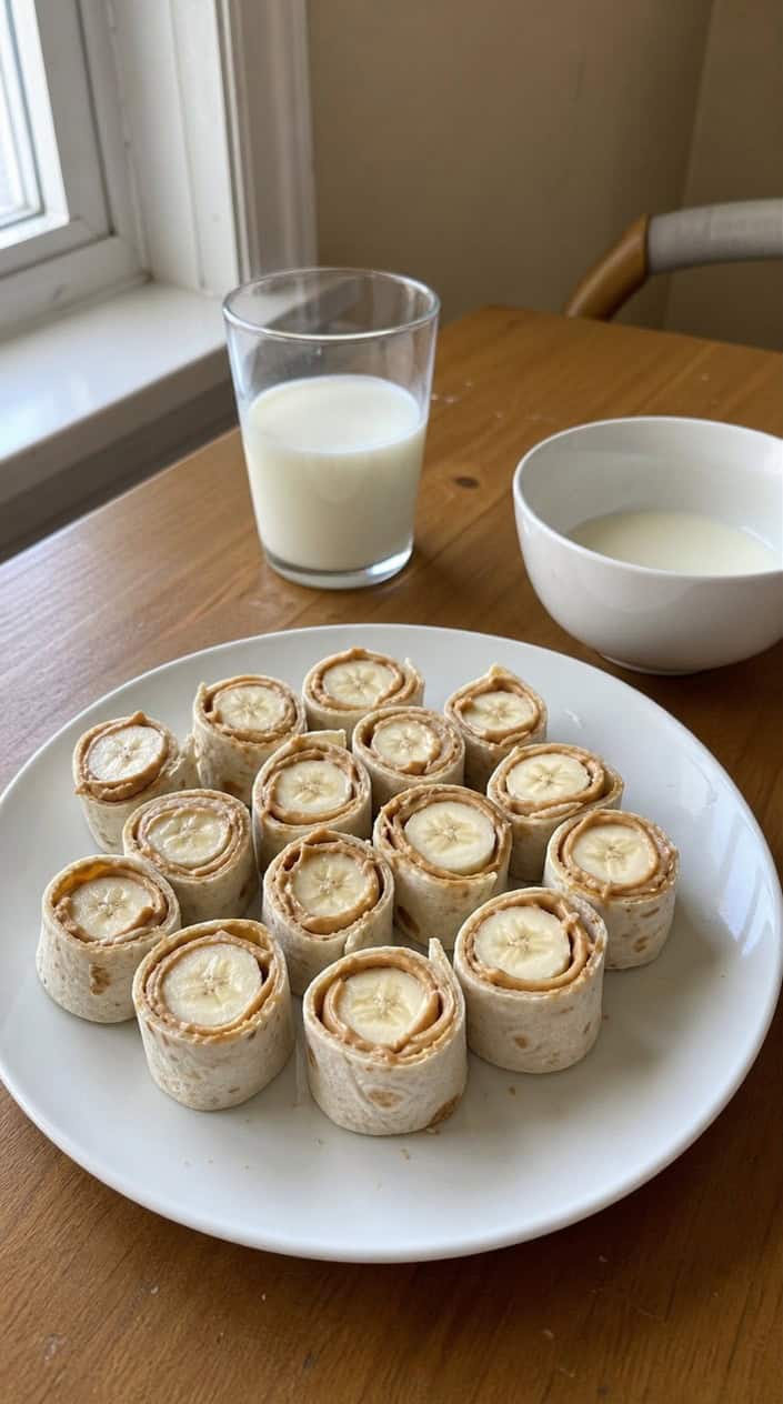 Plate of sliced peanut butter and banana roll-ups on a wooden table with fresh bananas and a glass of milk in the background.