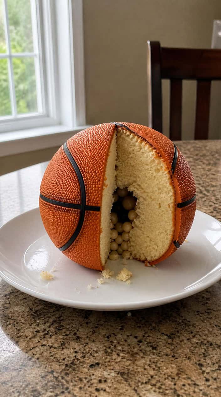 A basketball-shaped cake with a neutral exterior on a white cake stand surrounded by subtle decorations on a wooden table.