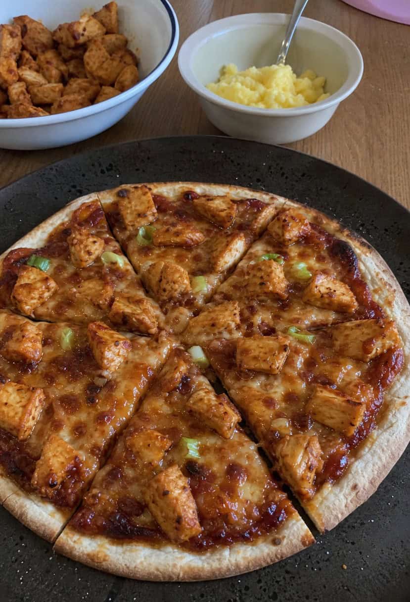 A sizzling BBQ chicken pizza sits on a wooden table surrounded by colorful ingredients and cooking utensils