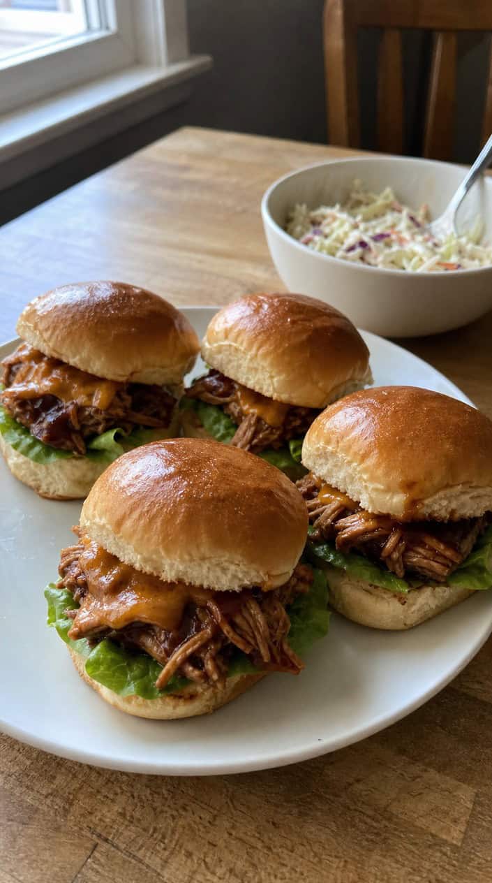 Close-up of BBQ chicken sliders with melted cheese and lettuce on a wooden board, accompanied by a bowl of creamy coleslaw.