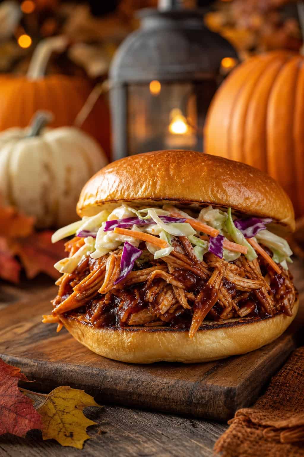 A BBQ pulled chicken sandwich topped with coleslaw on a wooden table surrounded by fall decorations.