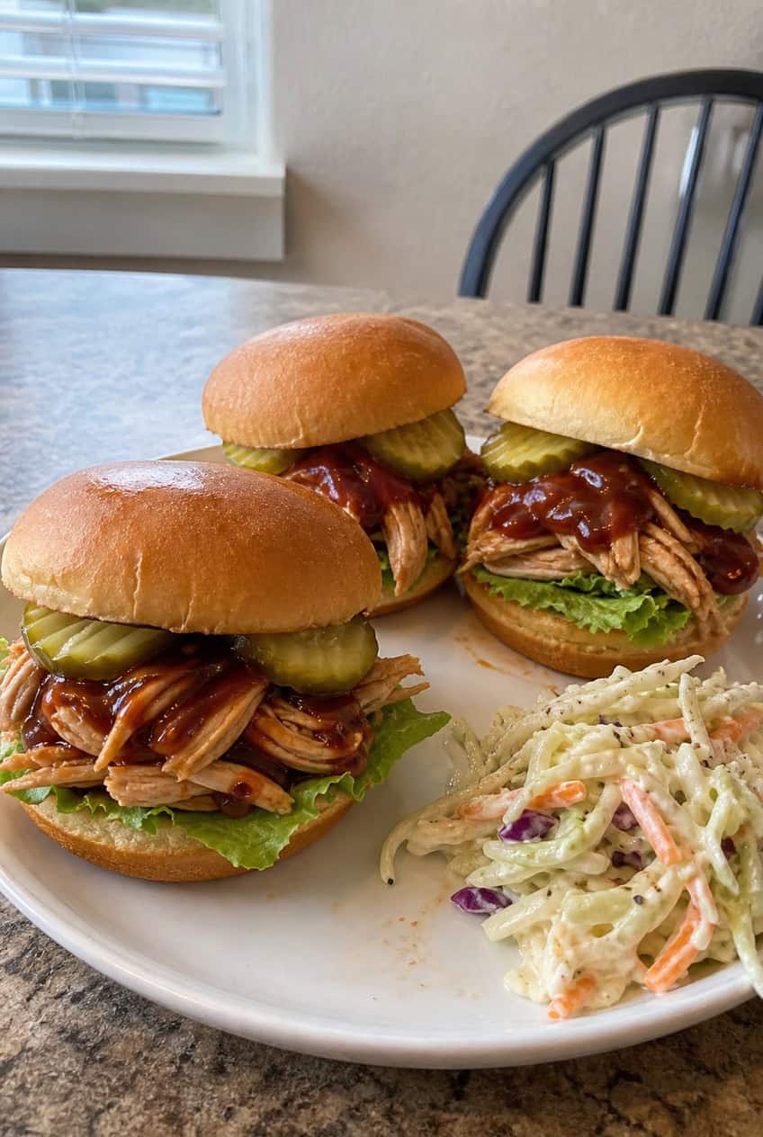 Close-up of soft slider buns filled with saucy pulled rotisserie chicken, a layer of creamy coleslaw, and sliced pickles, arranged on a wooden board with a small bowl of barbecue sauce and a side of kettle chips.