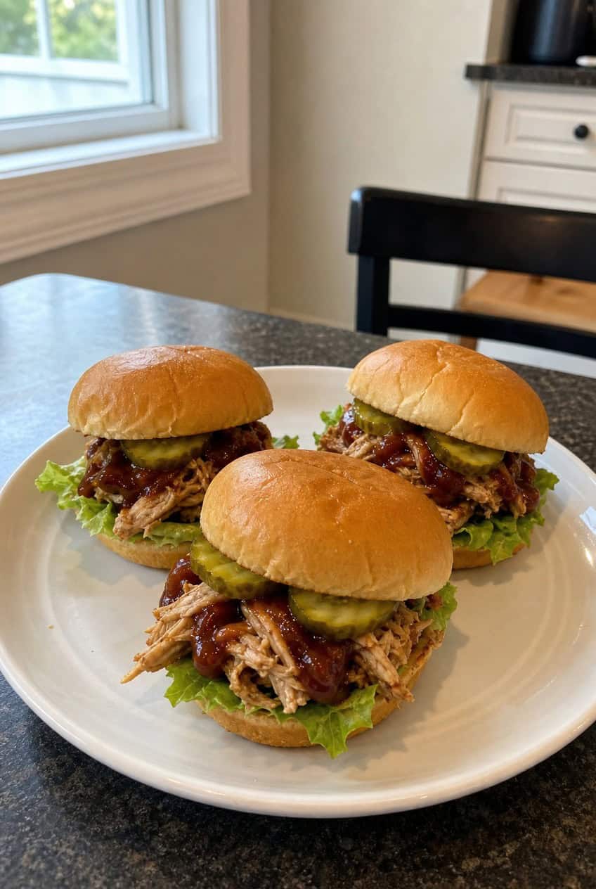 Close-up of soft slider buns filled with saucy pulled rotisserie chicken, a layer of creamy coleslaw, and sliced pickles, arranged on a wooden board with a small bowl of barbecue sauce and a side of kettle chips.