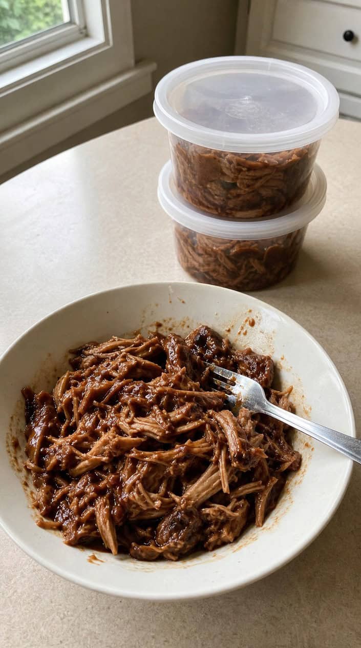 A bowl of slow-cooked BBQ pulled pork with containers of prepared freezer portions on a kitchen counter.