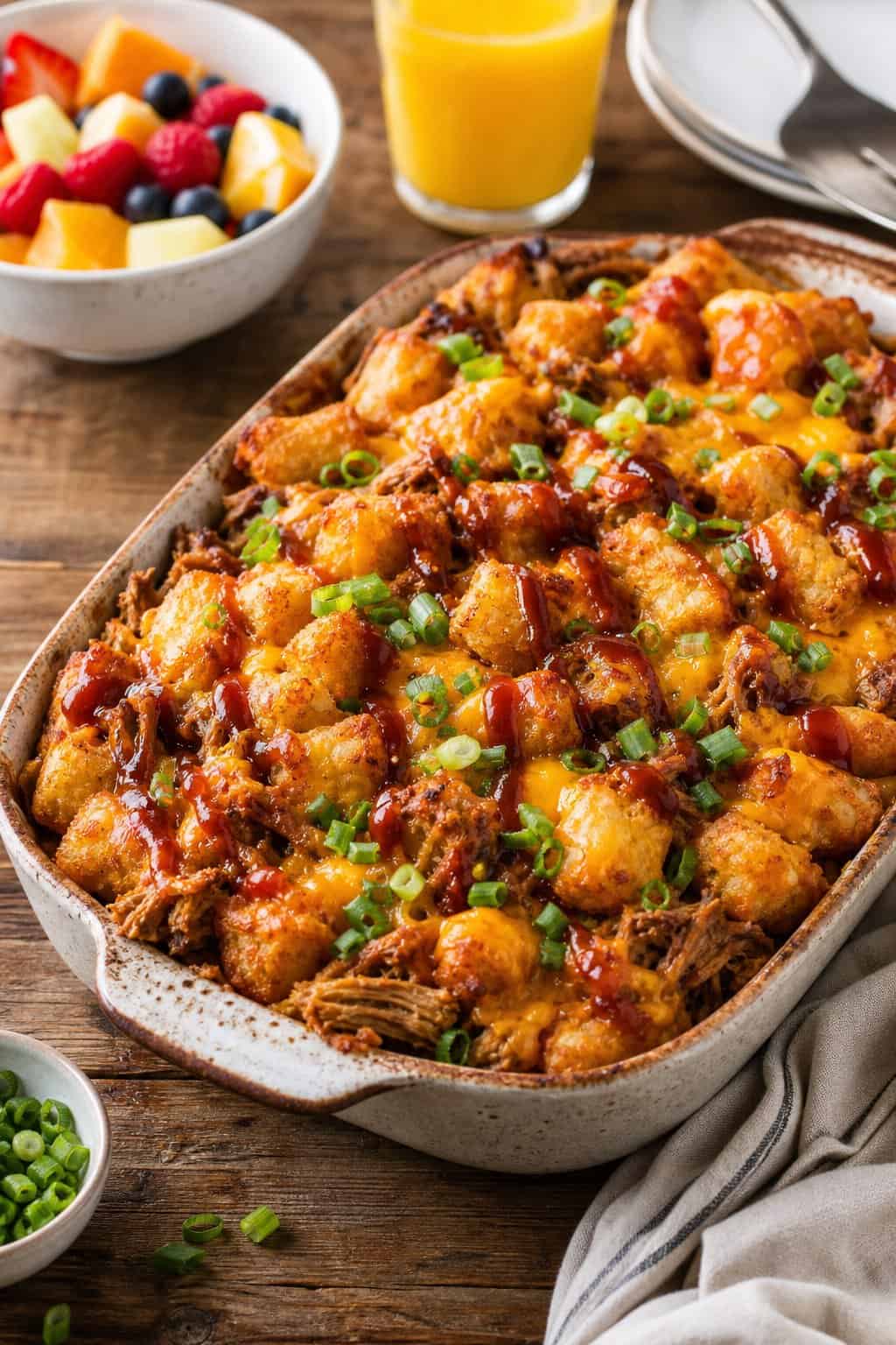 A baked breakfast casserole with crispy tater tots and pulled pork in a ceramic dish on a wooden table, accompanied by fruit and a glass of juice.