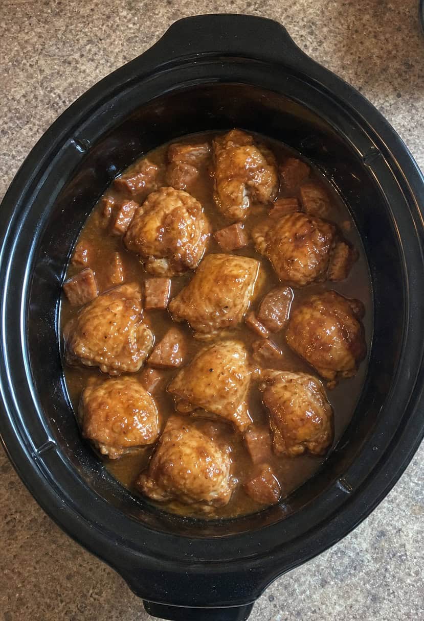 A crockpot filled with BBQ ranch chicken cooking with various ingredients scattered around