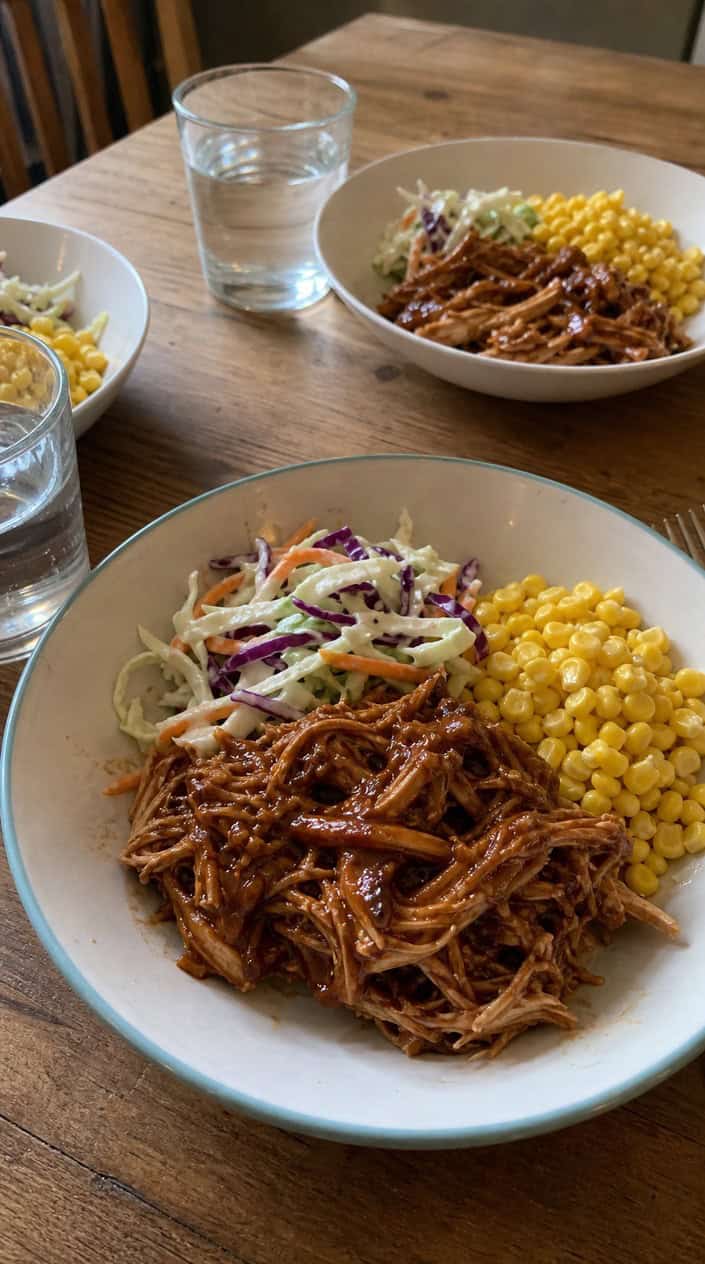 Wide bowls of saucy BBQ ranch shredded chicken over rice, topped with pale green cabbage slaw, bright yellow corn, and a squeeze of lime on a wooden table.