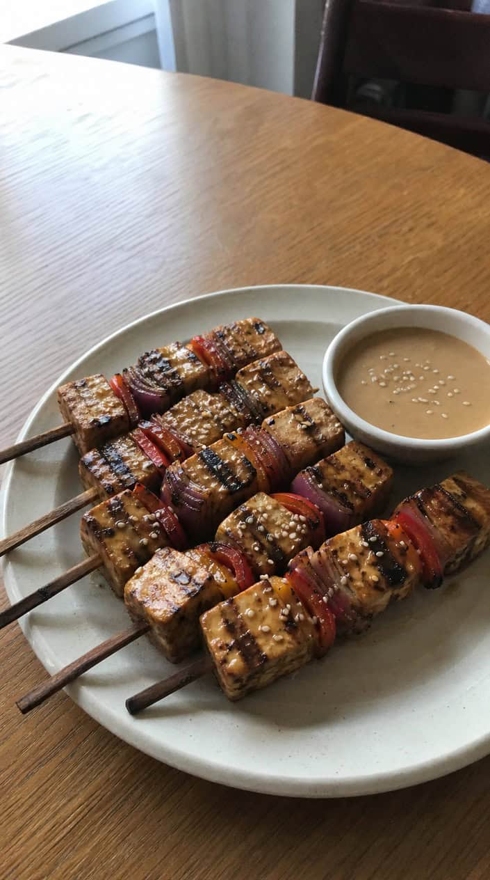 Grilled tofu skewers with vegetables and a bowl of peanut-sesame sauce on an outdoor grill in a backyard setting.