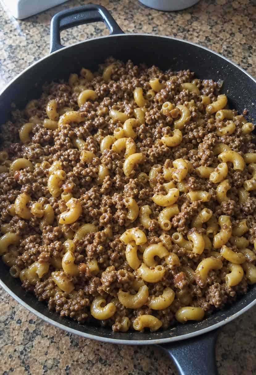 A sizzling skillet filled with ground beef, macaroni, and savory spices, steam rising from the bubbling mixture