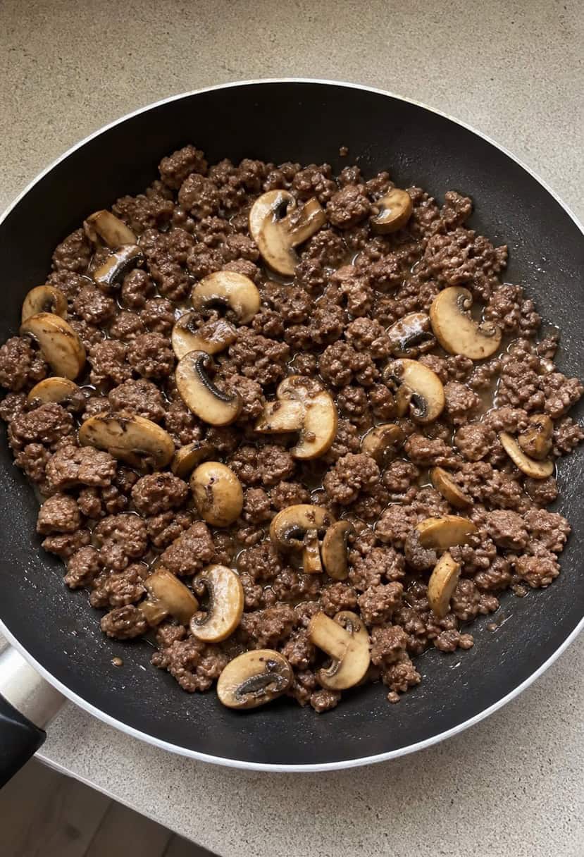 A sizzling skillet filled with ground beef and mushrooms cooking together