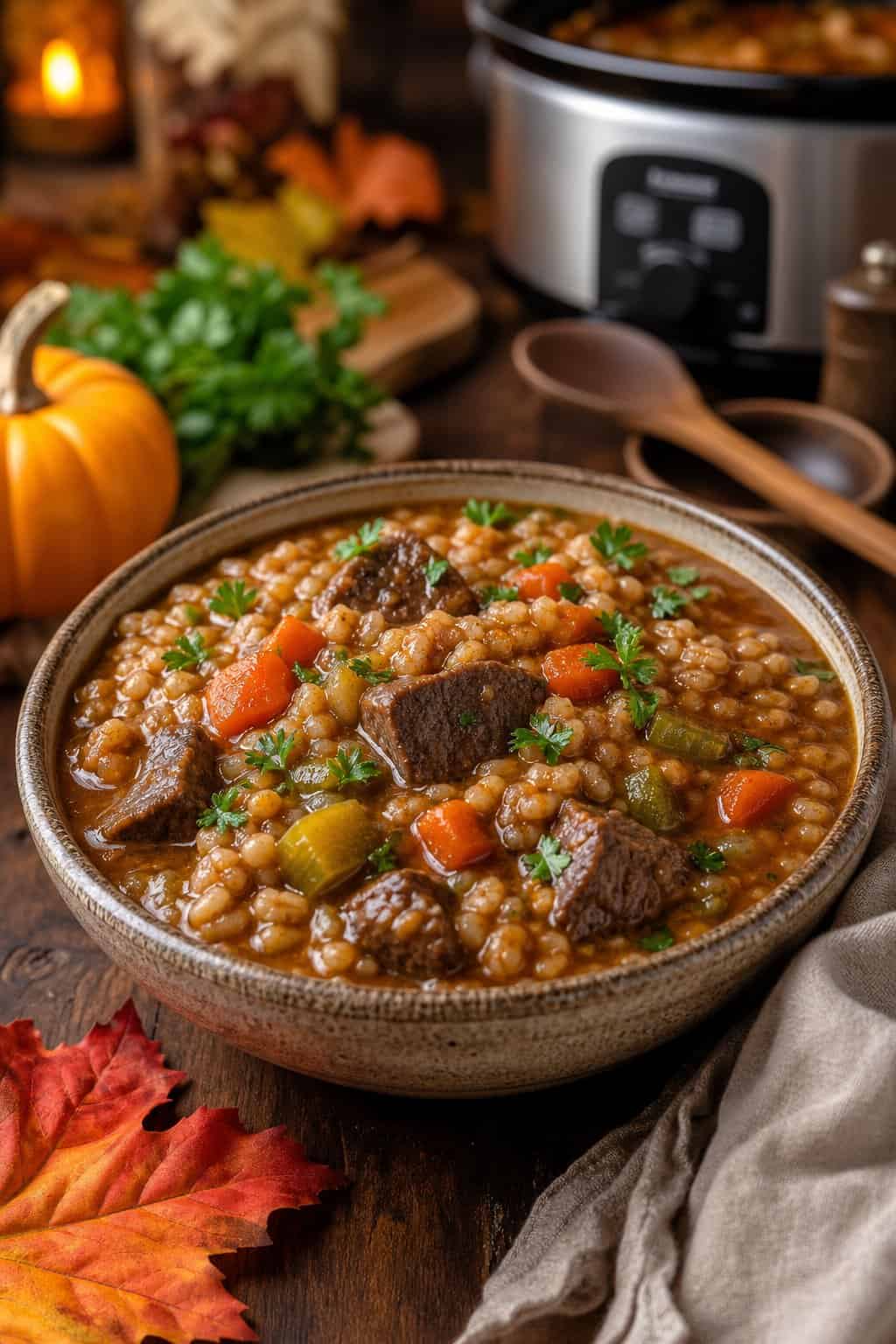 A bowl of beef barley stew with vegetables on a wooden table surrounded by fall decorations.