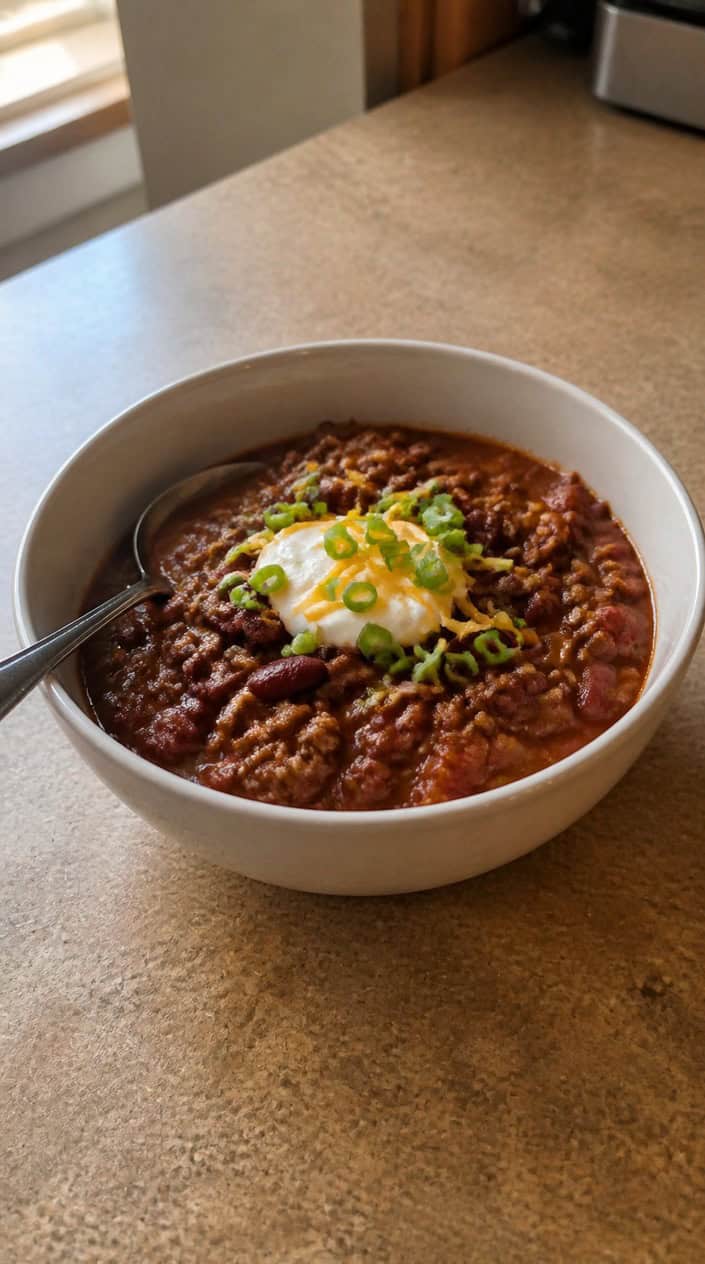 A steaming bowl of beef chili with beans on a wooden table, accompanied by a spoon, shredded cheese, and fresh cilantro.