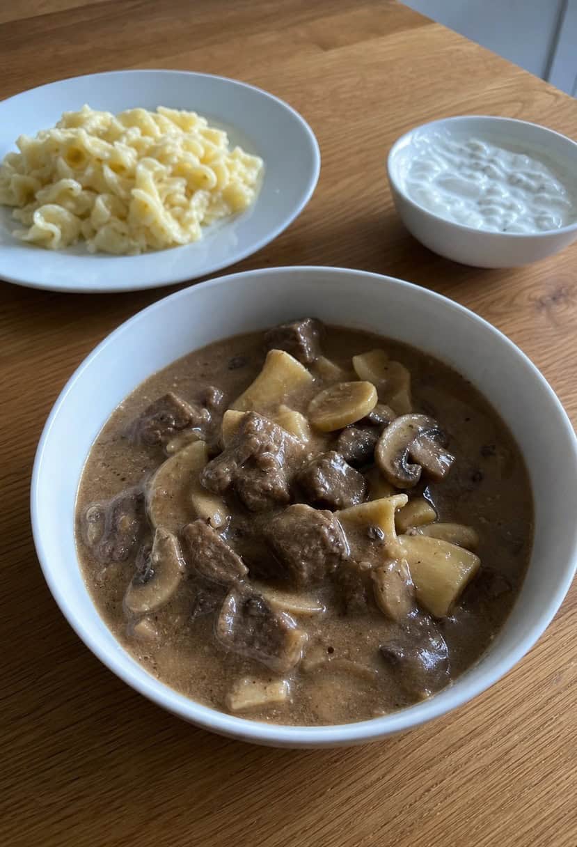 A steaming pot of beef stroganoff simmers on a stovetop, surrounded by ingredients like mushrooms, onions, and sour cream. A dinner table is set in the background
