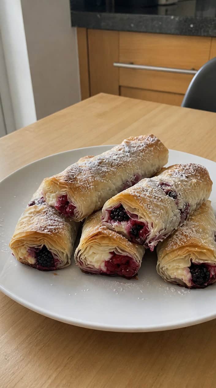A plate of golden phyllo rolls filled with mascarpone and mixed berries on a wooden board with berries scattered around, set outdoors in warm sunlight.