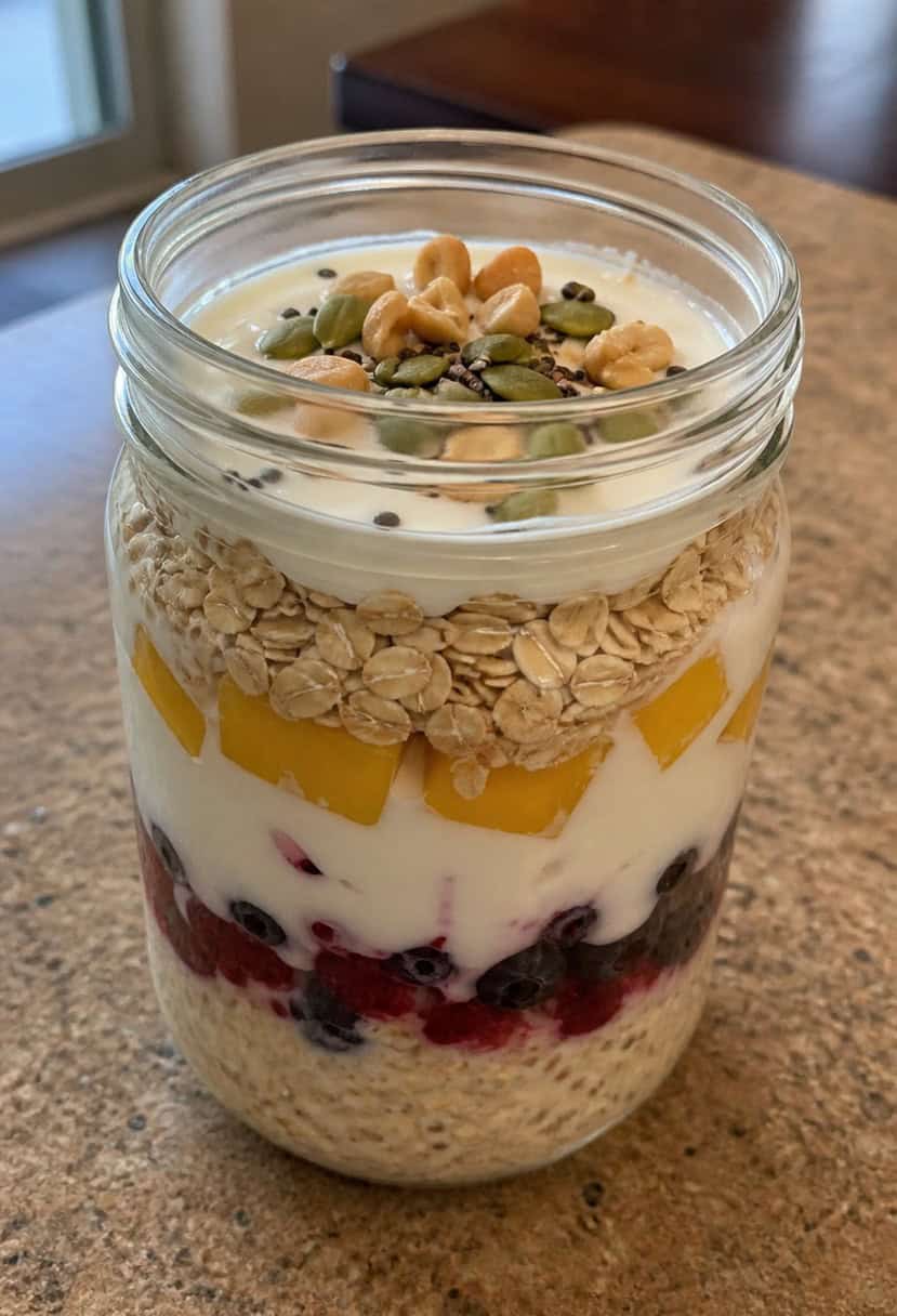 A glass jar filled with layers of oats, yogurt, and mixed berries, topped with a sprinkle of nuts and seeds, sitting on a wooden table