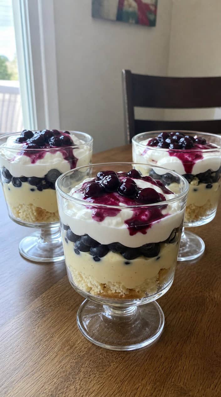 Individual cups of berry trifle layered with custard, whipped cream, and blueberry sauce on a table with subtle red, white, and blue decorations.